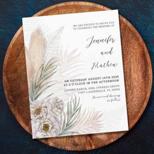 Budget Pampas  White Floral Wedding Invitation