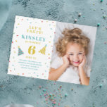 Budget Paper Sprinkle Kids Birthday Invitation<br><div class="desc">A thin paper,  budget photo kids birthday party invitation featuring rainbow sprinkles,  large name and age and party hats. Click the edit button to customize this design.</div>