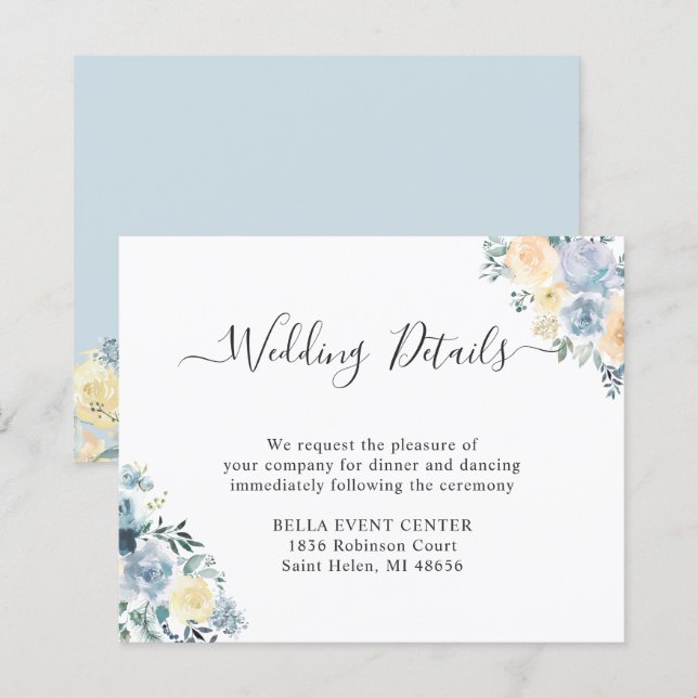Budget Pastel Blue Floral Wedding Details Card (Front/Back)