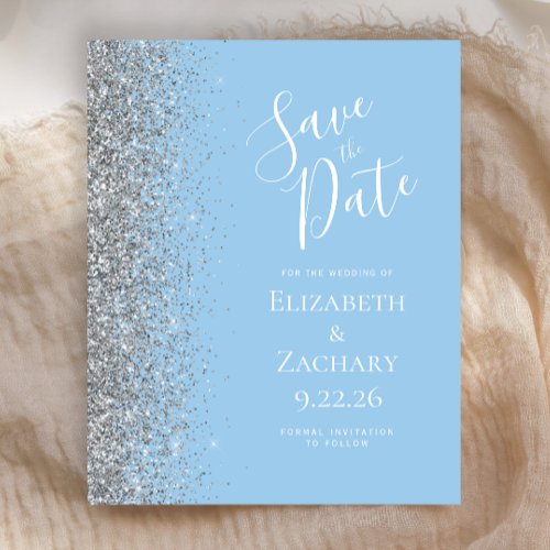 Budget Pastel Blue Silver Glitter Save the Date