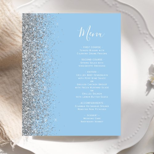 Budget Pastel Blue Silver Glitter Wedding Menu
