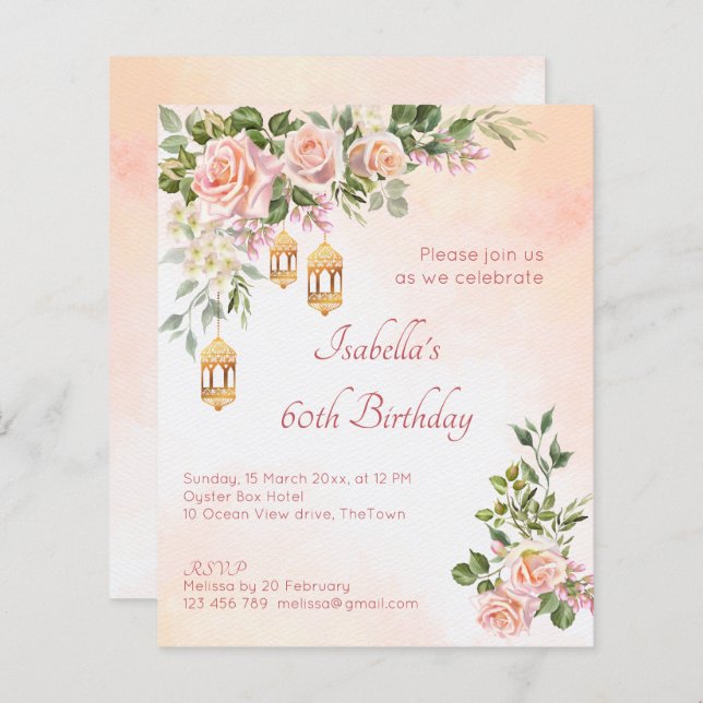 Budget Pastel cream roses Moroccan lanterns invite (Front/Back)