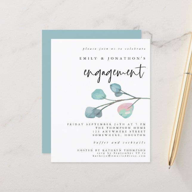 Budget Pastel Eucalyptus Engagement Invitation (Front/Back In Situ)