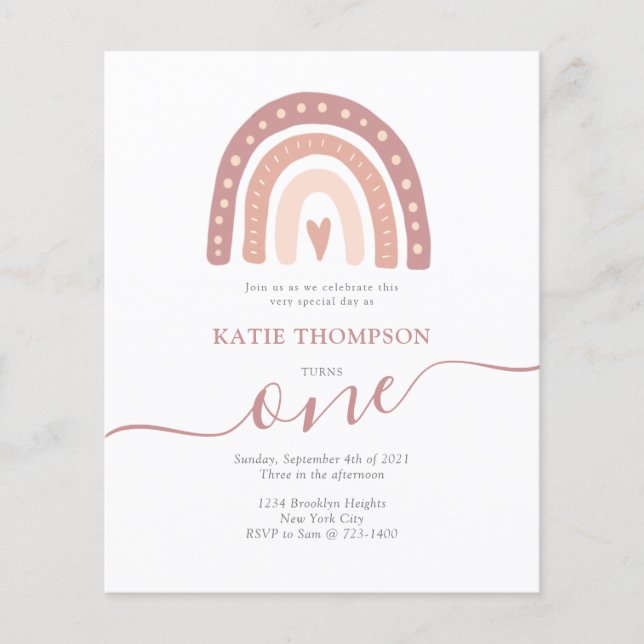 Budget Pastel Pink Rainbow Boho First Birthday (Front)