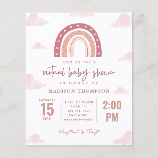 Budget Pastel Pink Rainbow Virtual Baby Shower (Front)