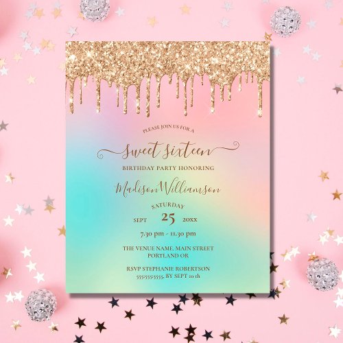 Budget pastel Rainbow Sweet 16 Invitations