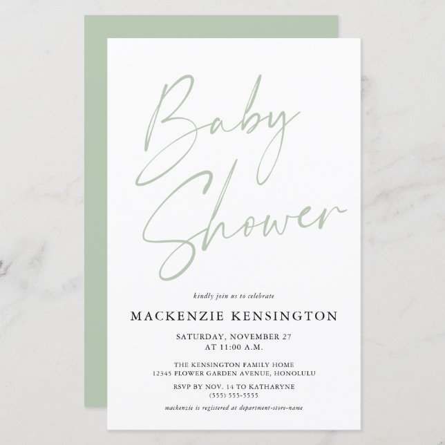 Budget Pastel Sage Green Simple Script Baby Shower (Front/Back)