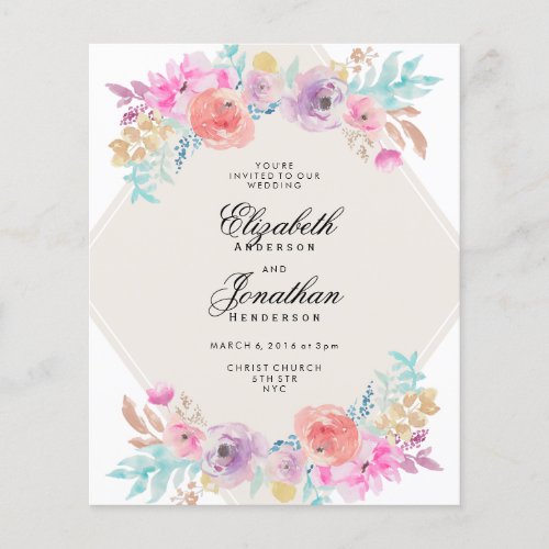 Budget Pastel Watercolor Flowers Wedding Invite Flyer
