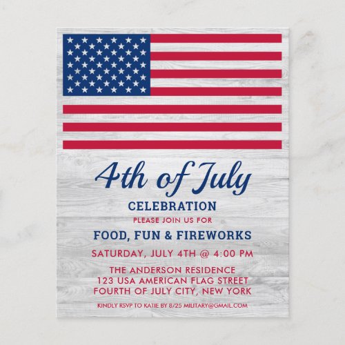 Budget Patriotic 4th of July Party Invitation - USA American Flag 4th of July Party Invitations. Invite friends and family to your patriotic fourth of July celebration with these modern American Flag on gray wood invitations. Personalize this american flag invitation with your event, name, and party details.
See our collection for matching patriotic 4th of July gifts ,party favors, and supplies. COPYRIGHT © 2021 Judy Burrows, Black Dog Art - All Rights Reserved. Budget Patriotic 4th Fourth of July Party American Flag Invitation Postcard