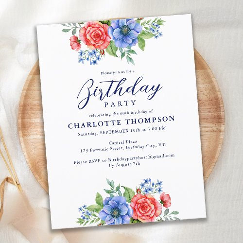 Budget Patriotic Floral Red Blue Birthday Invite