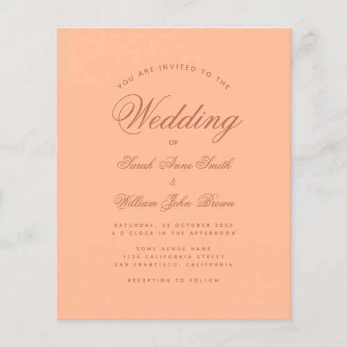 Budget Peach and Brown Simple Wedding Invitation