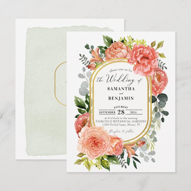Budget Peach Blush Floral Gold Modern Wedding     Invitation (Front/Back)