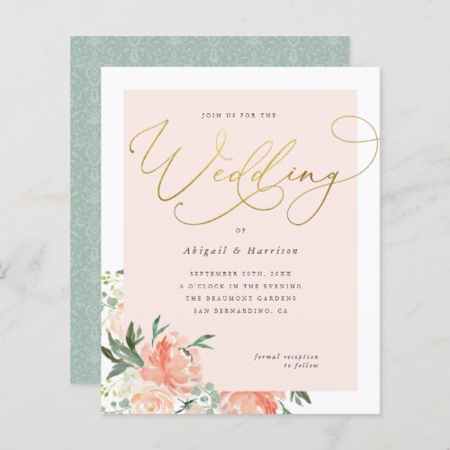 Budget Peach Blush  Gold Script Floral Wedding