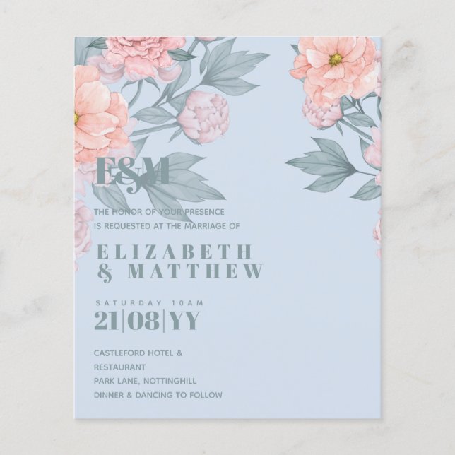 Budget Peach Floral Dusty Blue Sage Leaf Wedding (Front)