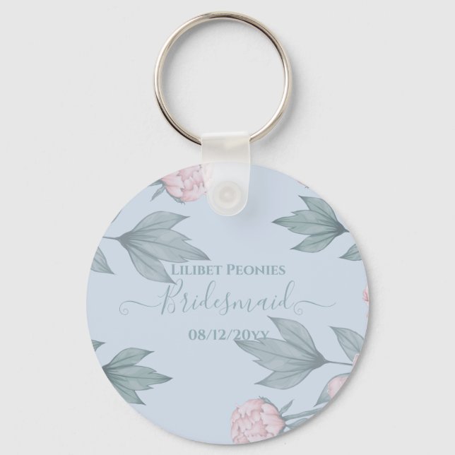Budget Peach Floral Dusty Blue Sage Leaf Wedding Keychain (Front)