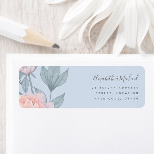 Budget Peach Floral Dusty Blue Sage Leaf Wedding Label