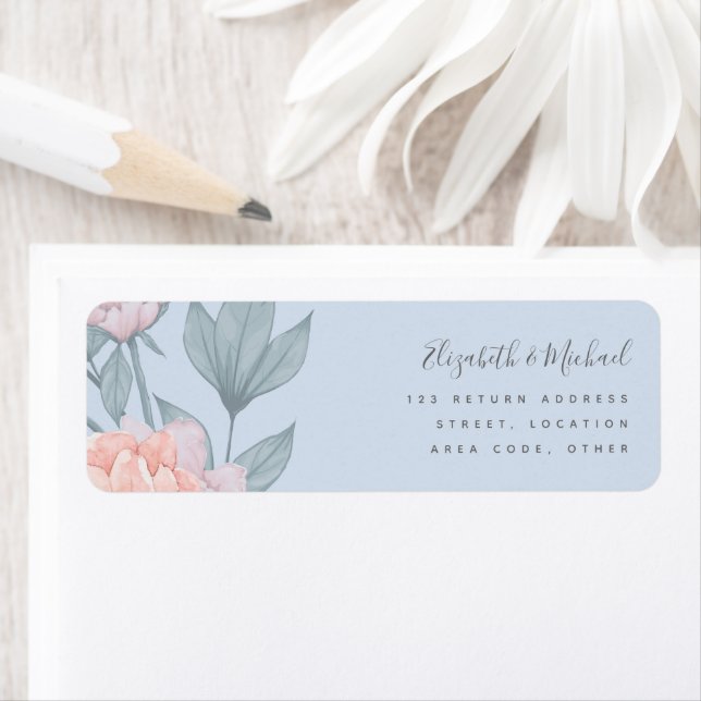Budget Peach Floral Dusty Blue Sage Leaf Wedding Label (Insitu)