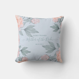 Budget Peach Floral Dusty Blue Sage Leaf Wedding Throw Pillow