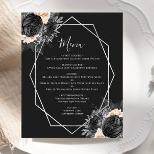 Budget Peach Floral Silver Geo Black Wedding Menu