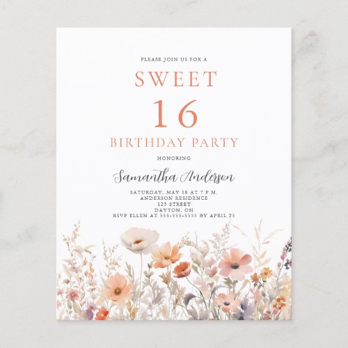 Budget Peach Floral Sweet 16 Birthday Invitation Flyer