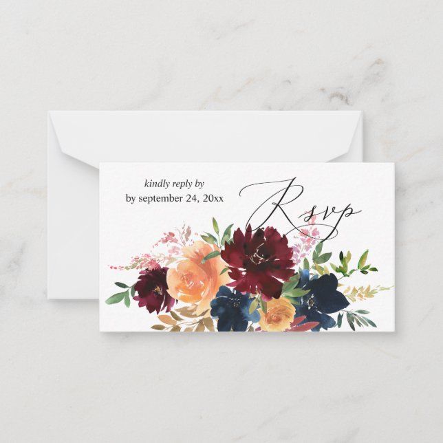 Budget Peach, Navy, Burgundy Floral 2SM Meal RSVP Note Card (Front)