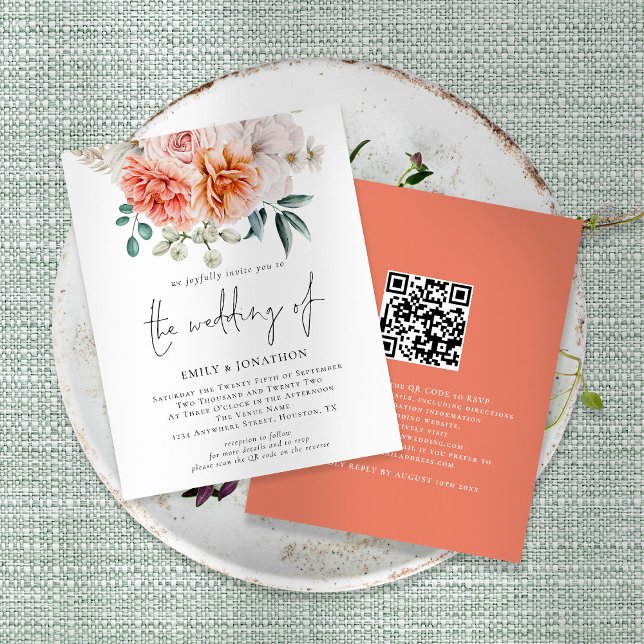 Budget Peach Peonies Floral QR Code Wedding Invite (Creator Uploaded)