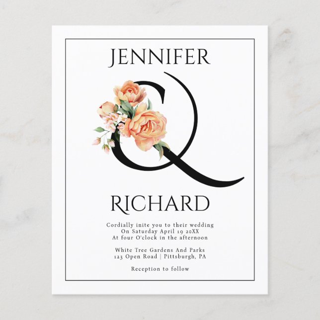 BUDGET Peach peonies QR wedding invitation Flyer (Front)