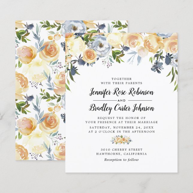Budget Peach Watercolor Floral Wedding Invitation (Front/Back)