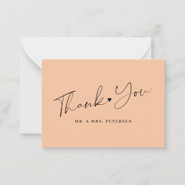 Budget peach wedding thank you script note card (Front)