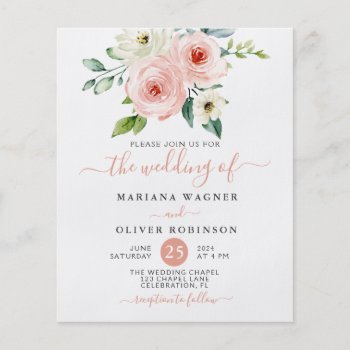 Budget Peach White Watercolor Floral Wedding Flyer by WittyPrintables at Zazzle