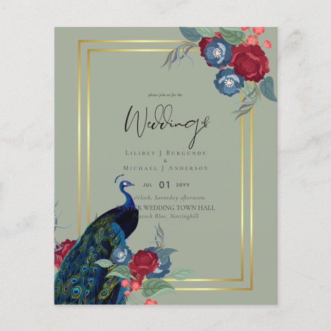BUDGET  Peacock Blue Burgundy Winter Fall Wedding Flyer (Front)