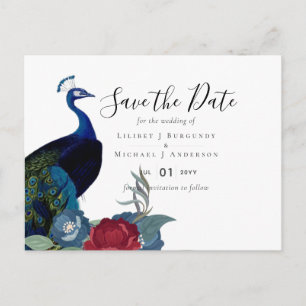 BUDGET  Peacock Blue Burgundy Winter Fall Wedding Postcard