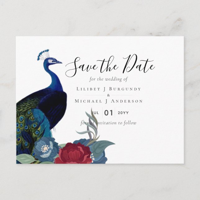 BUDGET  Peacock Blue Burgundy Winter Fall Wedding Postcard (Front)