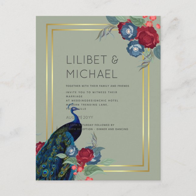 BUDGET  Peacock Blue Burgundy Winter Fall Wedding Postcard (Front)