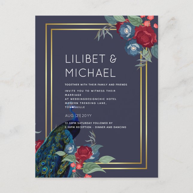 BUDGET  Peacock Blue Burgundy Winter Fall Wedding Postcard (Front)