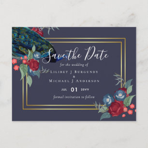 BUDGET  Peacock Blue Burgundy Winter Fall Wedding Postcard