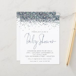 Budget Peacock Blue Glitter Baby Shower Invite