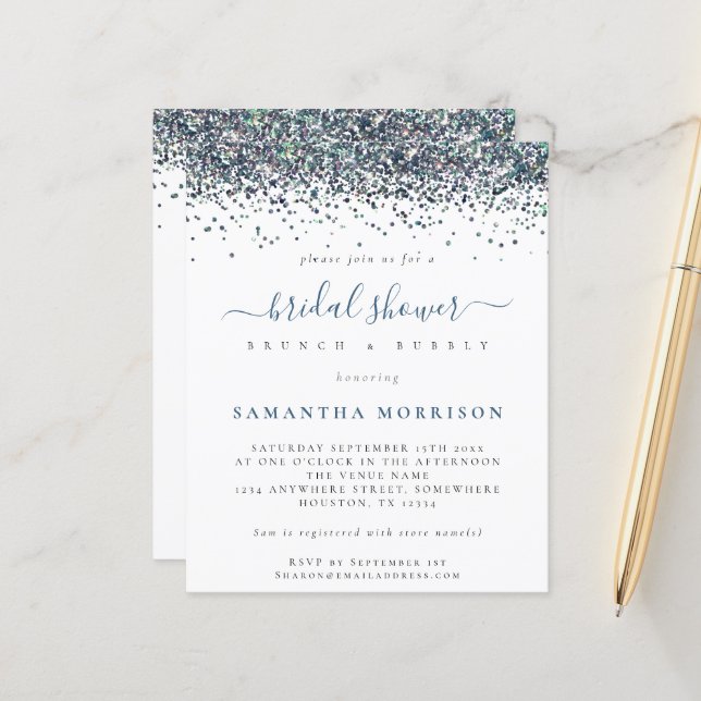 Budget Peacock Blue Glitter Bridal Shower Invite (Front/Back In Situ)