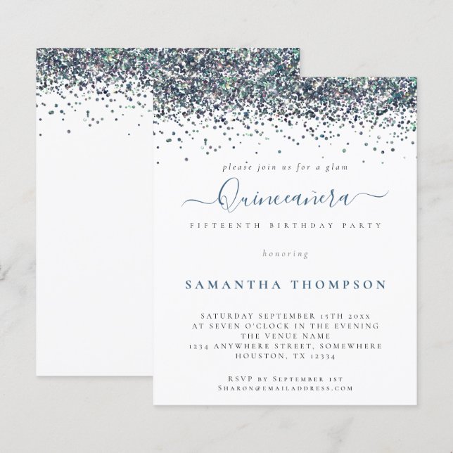 Budget Peacock Blue Glitter Quinceañera Invitation (Front/Back)
