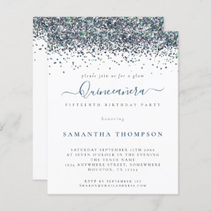 Budget Peacock Blue Glitter Quinceañera Invitation