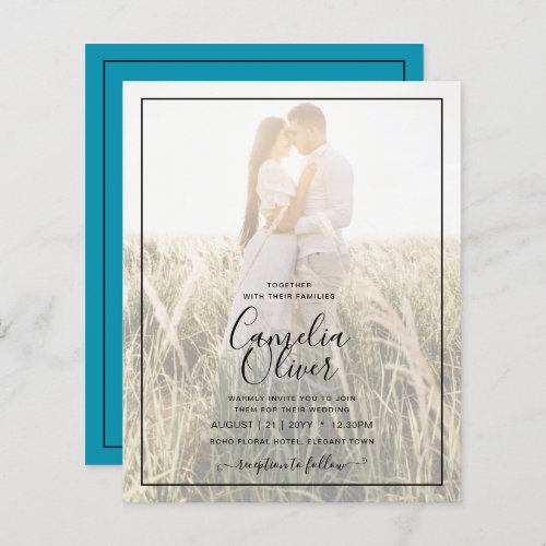 BUDGET Peacock Blue Photo Overlay Wedding Invite