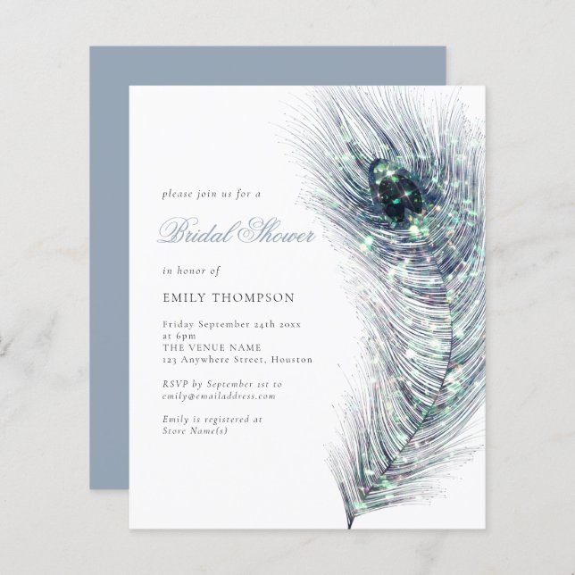 Budget Peacock Feather Bridal Shower Invitation (Front/Back)