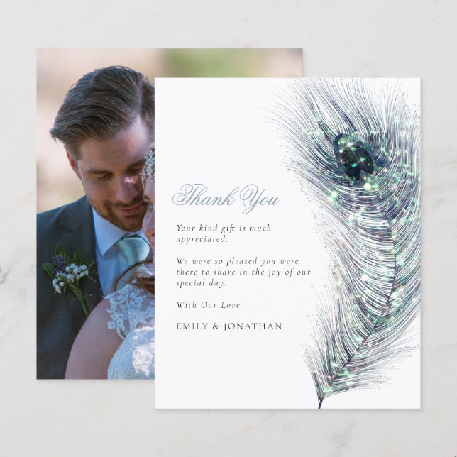 BUDGET Peacock Feather Photo Wedding Thank You (Front/Back)