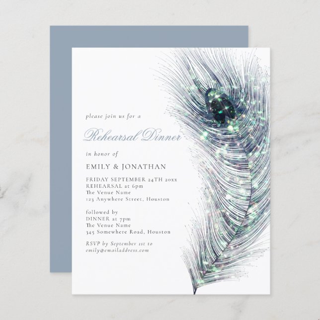 Budget Peacock Feather Rehearsal Dinner Invitation (Front/Back)