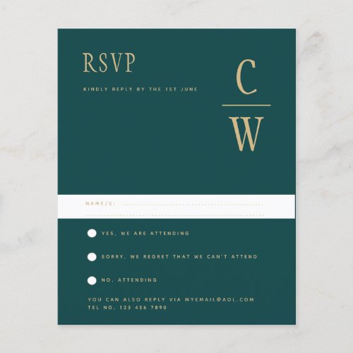 BUDGET Peacock TEAL Green Gold Wedding RSVP Flyer