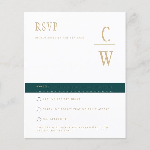 BUDGET Peacock TEAL Green Gold Wedding RSVP Flyer