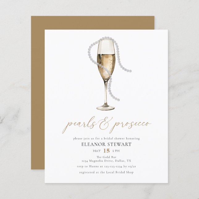 Budget Pearls and Prosecco Bridal Shower Invites (Front/Back)