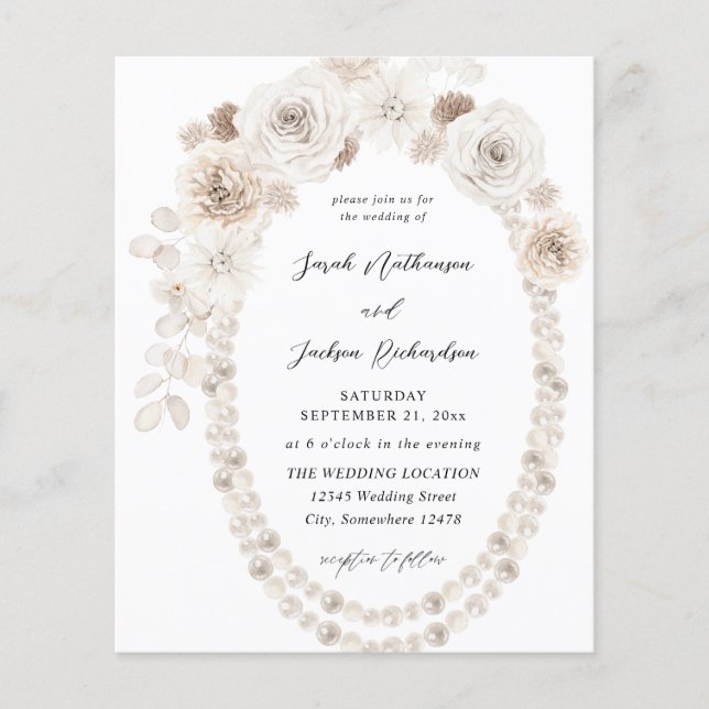 Budget Pearls & White Floral Wedding Flyer (Front)