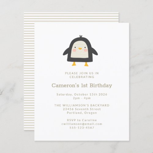 Budget Penguin Simple 1st Birthday Invitation