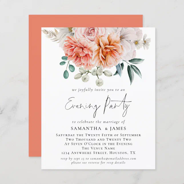 Budget Peonies Coral QR Wedding Evening Party | Zazzle